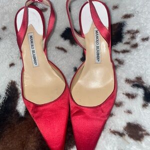 Manolo Blahnik Scarlet Satin Slingbacks